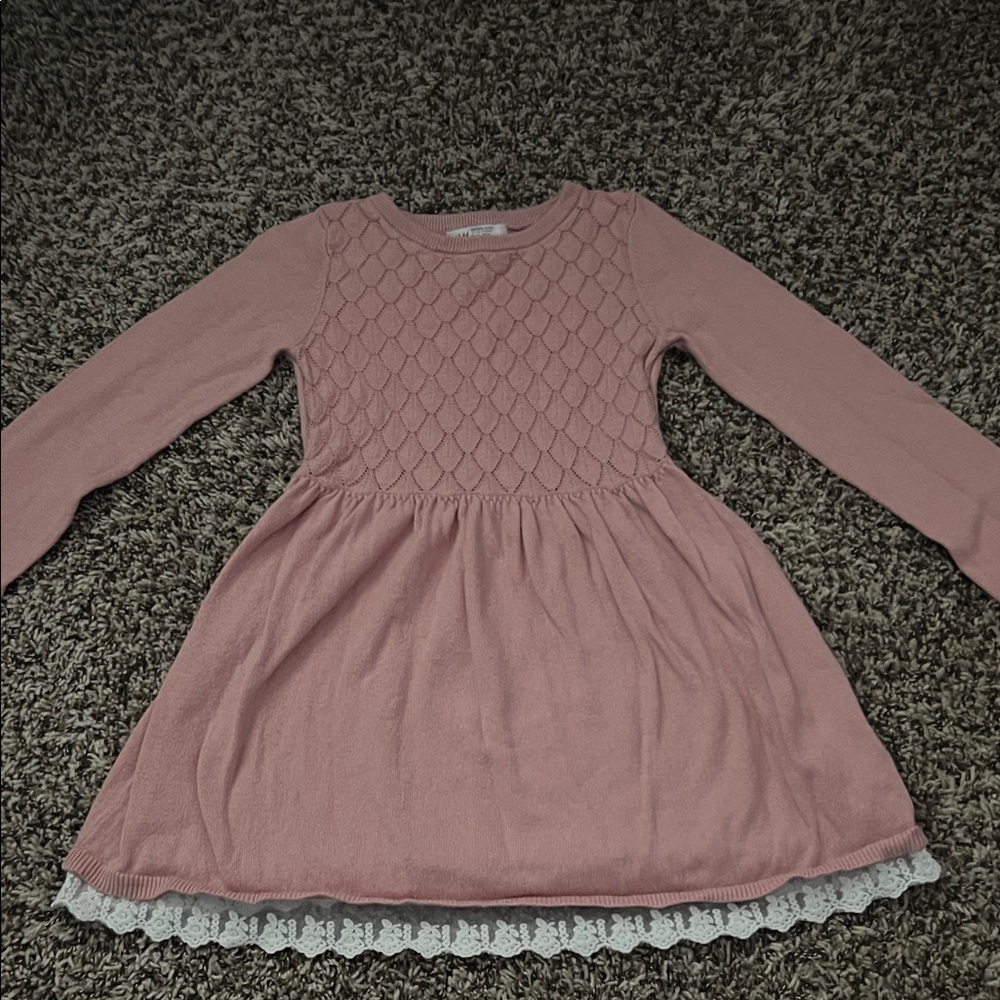H&M Pink Knit Kids Dress with Lace Hem